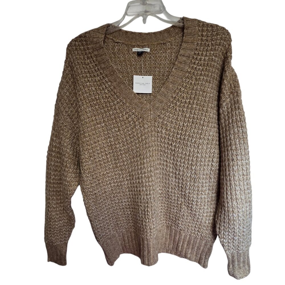 New American Eagle XS V-neck, chunky knit, oversized fit pullover sweater brn  N